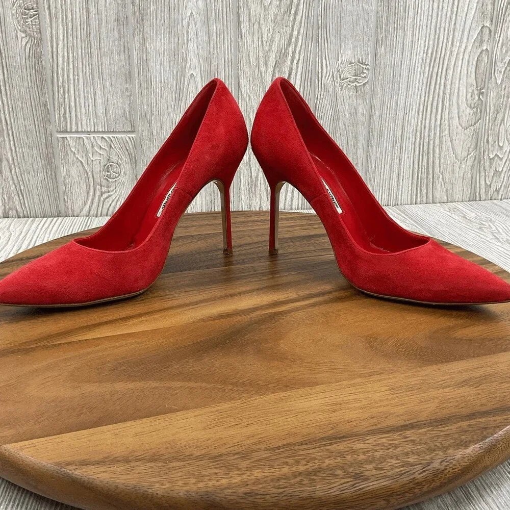 Manolo Blahnik BB 105 Red Suede Shoes Pumps Heels Pointed Toe